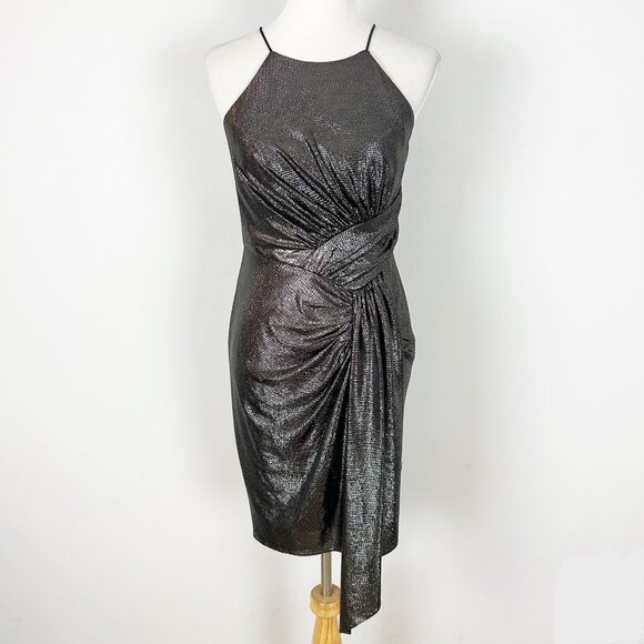 Y2K Vintage Adrianna Papell Shimmer Mini Dress Size 6 Metallic Shimmer Silver Wo - Picture 1 of 5